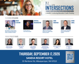 Hero banner for Intersections 2026 conference: a smiling woman with a microphone and a row of speaker headshots below.
