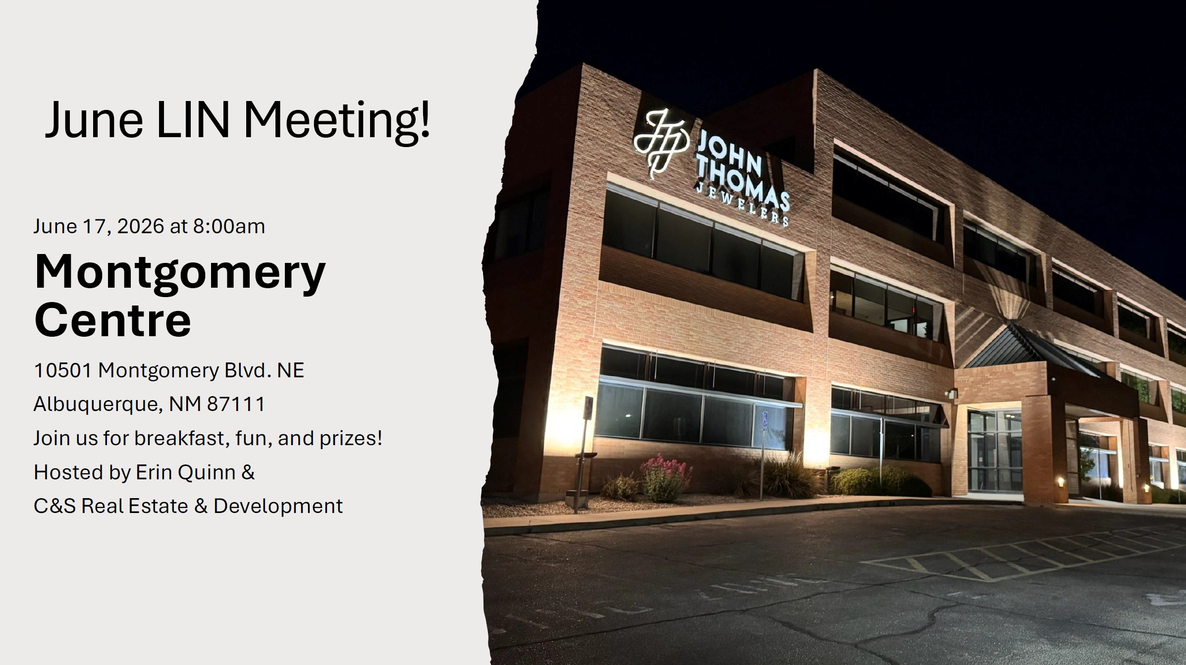 Event flyer announcing the June LIN Meeting on June 17, 2026 at 8:00am at Montgomery Centre, 10501 Montgomery Blvd. NE, Albuquerque, NM 87111.