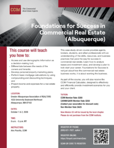 Event flyer for Foundations for Success in Commercial Real Estate (Albuquerque) with CCIM logo and cityscape background, listing course details and registration info on the lower panels.