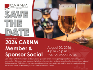 CARNM Save the Date banner for the 2026 Member & Sponsor Social: Aug 20, 2026, 4–6 p.m. at The Bourbon House, with beer glasses in the background.